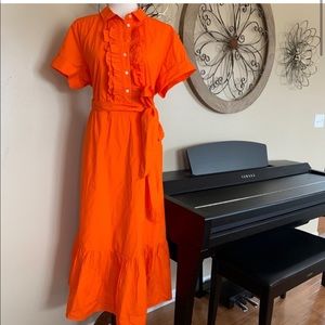 J. CREW Size 18 Gorgeous Orange Cotton Poplin Ruffled Hem Dress - Belt & Pockets